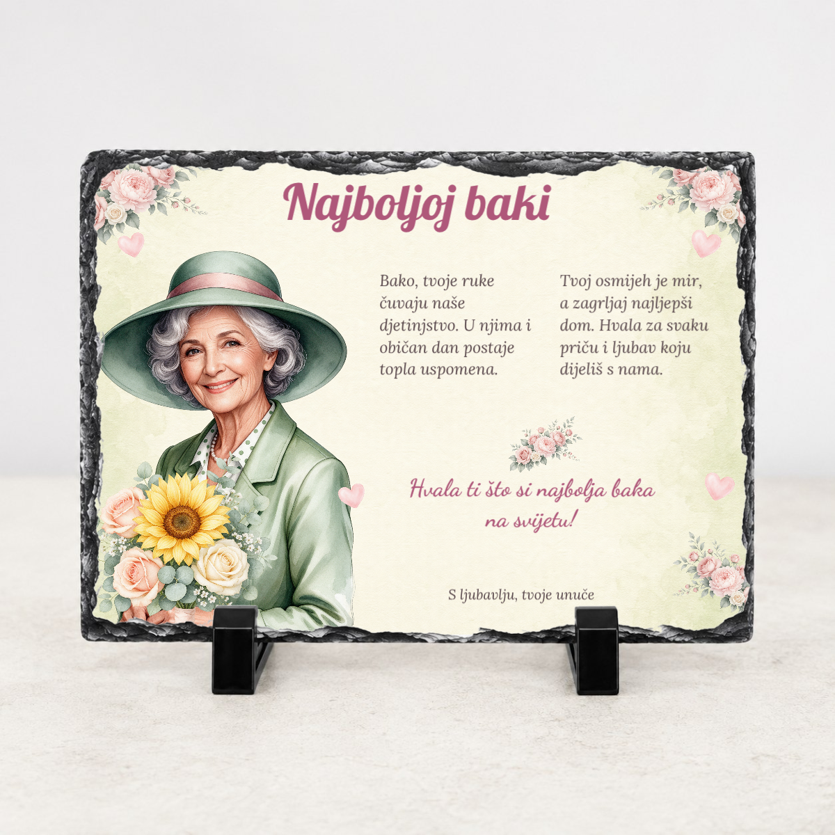 Najboljoj baki · Cvjetni zagrljaj · Foto kamen – vodoravno – prikaz proizvoda